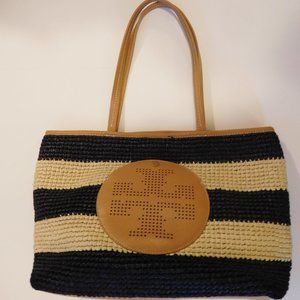 Tory Burch Black/Tan Straw Basket Tote Bag